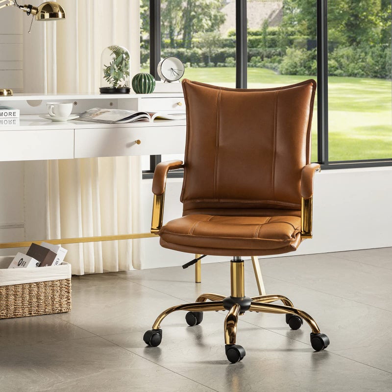 HULALA HOME Faux Leather Home Office Desk Chair Adjustable Swivel Computer Chair with Golden Legs and Arms Comfy Upholstered Task ChairCamel