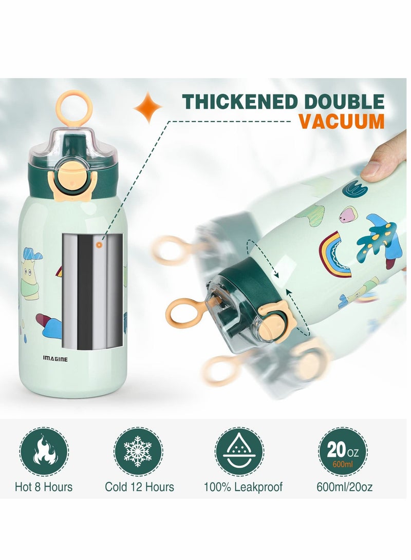 KASTWAVE 16oz Insulated Water Flask for Kids, Kids Inuslated Sport Water Bottle With Straw, Two Lids 316 Stainless Steel Water Bottles, Water Bottle Kids with Bottle Cover and Strap (Green) - Image 4
