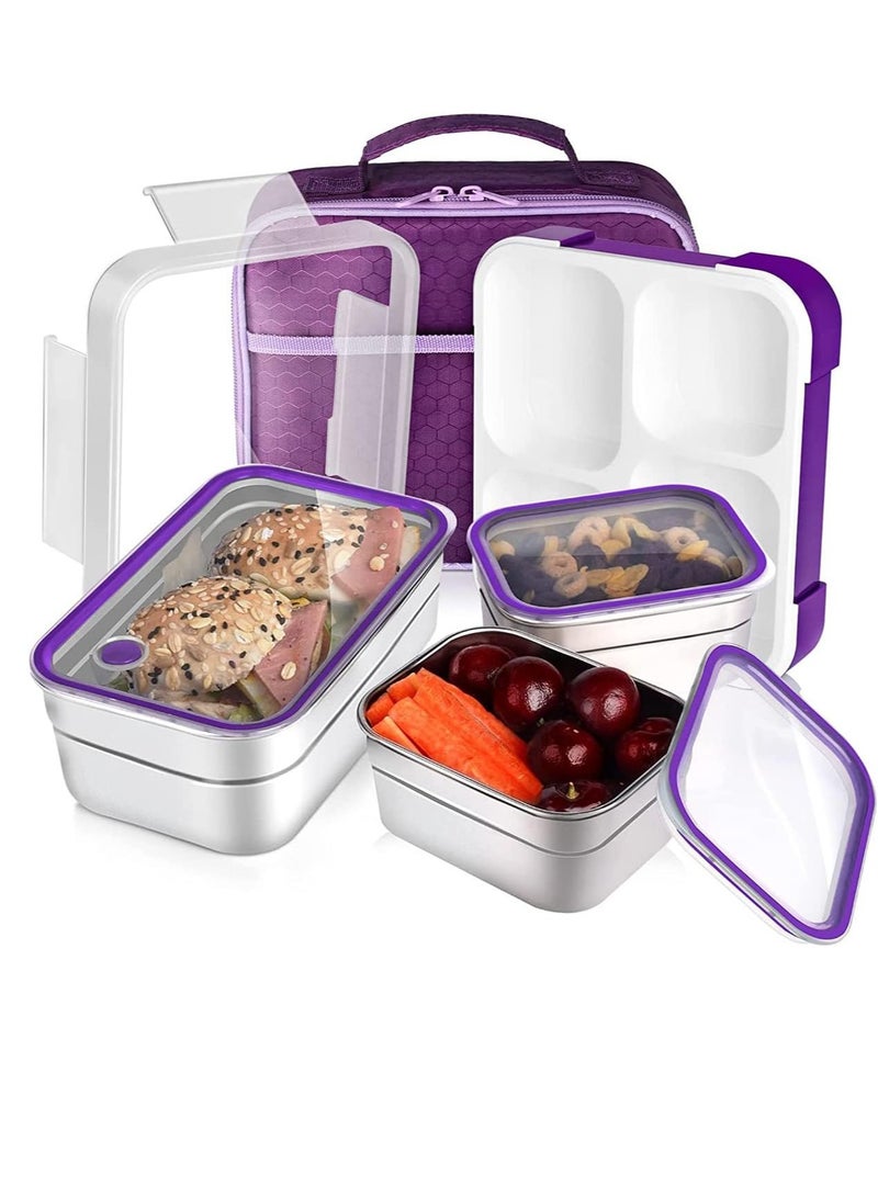Kids School Stainless Steel Lunch Box Insulated Bento Lunch Box with Storage Bag 3 Compartments Divided Lunch Container with Lid  (Purple 1260ML) - Image 1