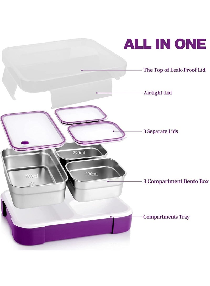 Kids School Stainless Steel Lunch Box Insulated Bento Lunch Box with Storage Bag 3 Compartments Divided Lunch Container with Lid  (Purple 1260ML) - Image 2