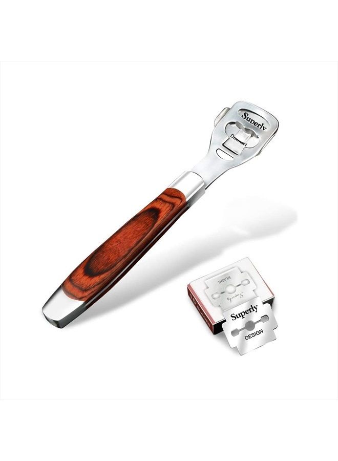 BEINY Stainless Steel Callus Shaver Pedicure Dead Hard Skin Remover Heel Razor Wooden Handle Cutter with Skin Rub & 10 Blades for Foot Care, Removing Solid, Cracked Skin Cells - Image 1