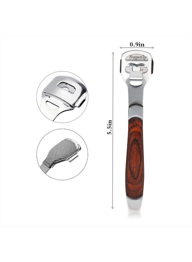 BEINY Stainless Steel Callus Shaver Pedicure Dead Hard Skin Remover Heel Razor Wooden Handle Cutter with Skin Rub & 10 Blades for Foot Care, Removing Solid, Cracked Skin Cells - Image 2