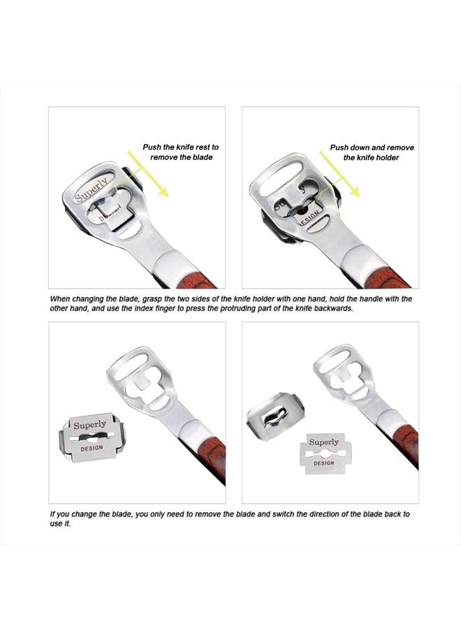 BEINY Stainless Steel Callus Shaver Pedicure Dead Hard Skin Remover Heel Razor Wooden Handle Cutter with Skin Rub & 10 Blades for Foot Care, Removing Solid, Cracked Skin Cells - Image 4