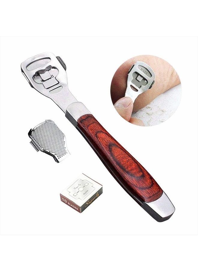 BEINY Stainless Steel Callus Shaver Pedicure Dead Hard Skin Remover Heel Razor Wooden Handle Cutter with Skin Rub & 10 Blades for Foot Care, Removing Solid, Cracked Skin Cells - Image 3