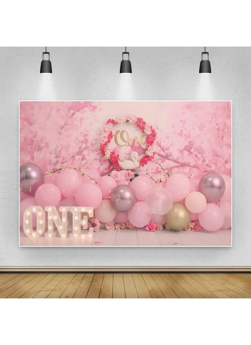 Laeacco Laeacco 5x3ft Dreamy Pink One Year Old Birthday Backdrop Sweet Baby Girl 1st Bday Background Floral Balloon Swan First Birthday Party Polyester Photo Decor Cherry Blossom Newborn Baby Spring Shooting  - Image 1