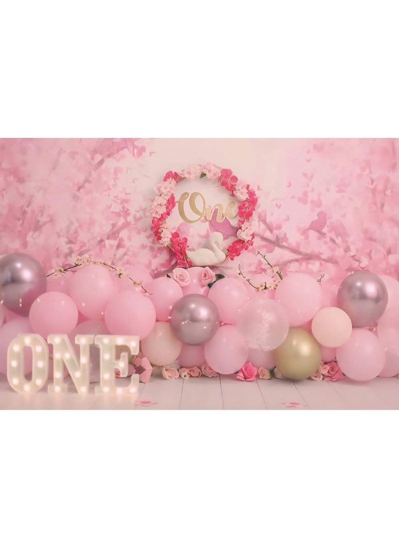 Laeacco Laeacco 5x3ft Dreamy Pink One Year Old Birthday Backdrop Sweet Baby Girl 1st Bday Background Floral Balloon Swan First Birthday Party Polyester Photo Decor Cherry Blossom Newborn Baby Spring Shooting  - Image 3