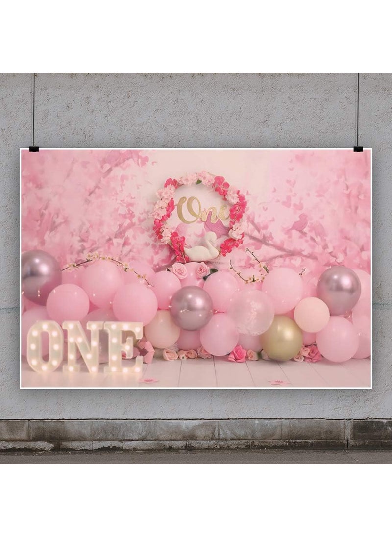 Laeacco Laeacco 5x3ft Dreamy Pink One Year Old Birthday Backdrop Sweet Baby Girl 1st Bday Background Floral Balloon Swan First Birthday Party Polyester Photo Decor Cherry Blossom Newborn Baby Spring Shooting  - Image 2