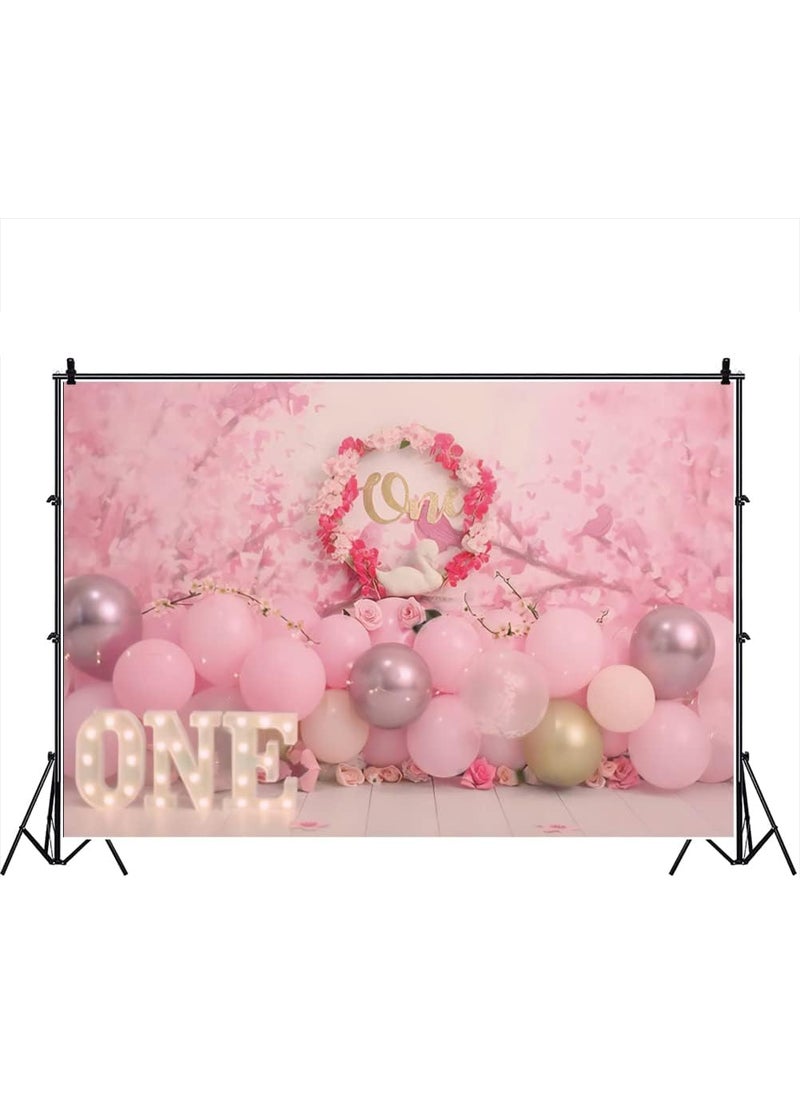 Laeacco Laeacco 5x3ft Dreamy Pink One Year Old Birthday Backdrop Sweet Baby Girl 1st Bday Background Floral Balloon Swan First Birthday Party Polyester Photo Decor Cherry Blossom Newborn Baby Spring Shooting  - Image 4