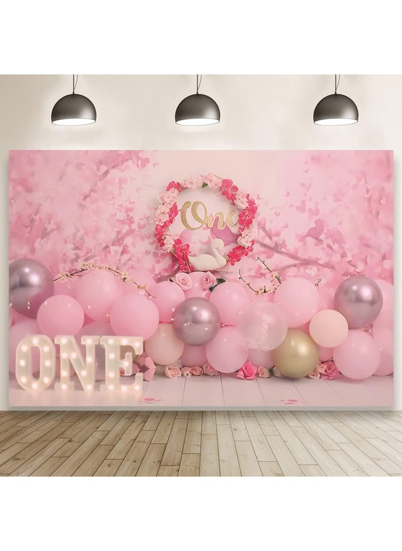 Laeacco Laeacco 5x3ft Dreamy Pink One Year Old Birthday Backdrop Sweet Baby Girl 1st Bday Background Floral Balloon Swan First Birthday Party Polyester Photo Decor Cherry Blossom Newborn Baby Spring Shooting  - Image 5