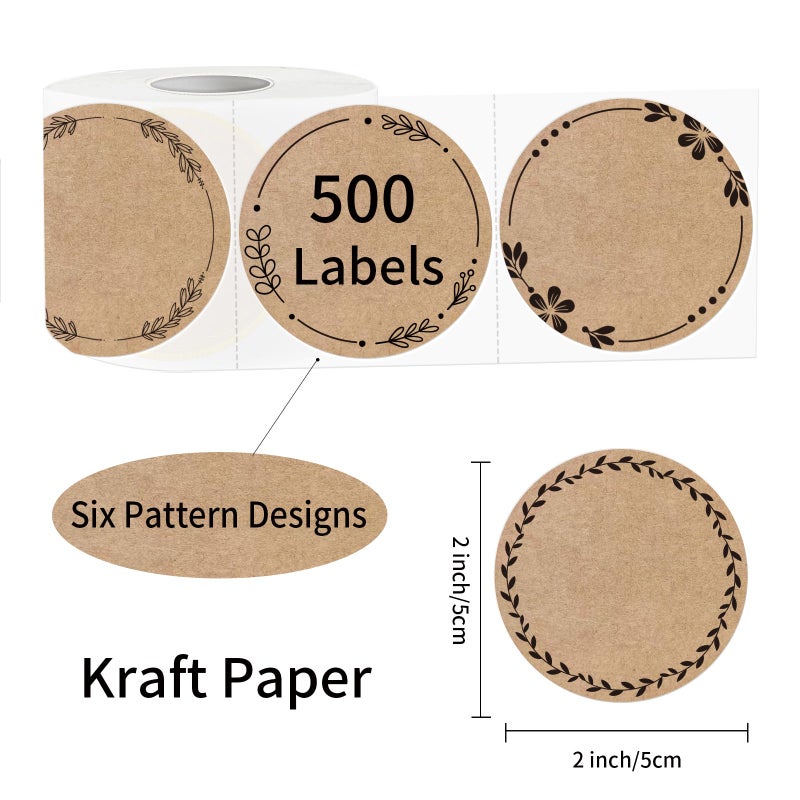 STARLIBOO 2" Brown Label Stickers for Jars and Lids, Kraft Sticker Labels for Pantry, Mason Jars, Canning, Bottles, 6 Different Drawn Wreath Designs, Kraft Paper/ 500pcs - Image 2