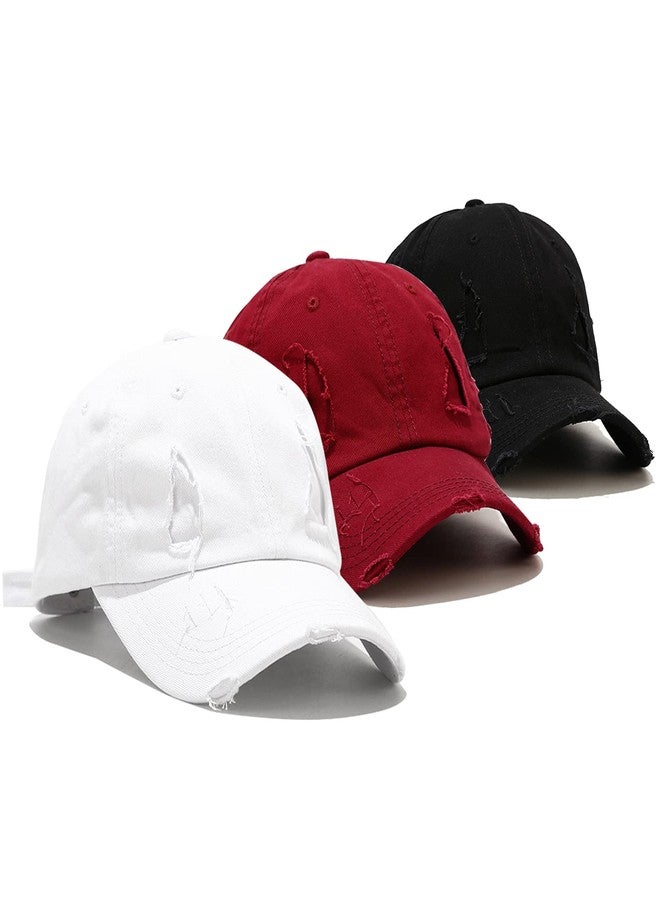 Umeepar 3 Pack Baseball Cap Vintage Distressed Low Profile Unstructured Cotton Dad Hat Adjustable for Women Men (C Broken Patch Black, White, Burgundy) - Image 1