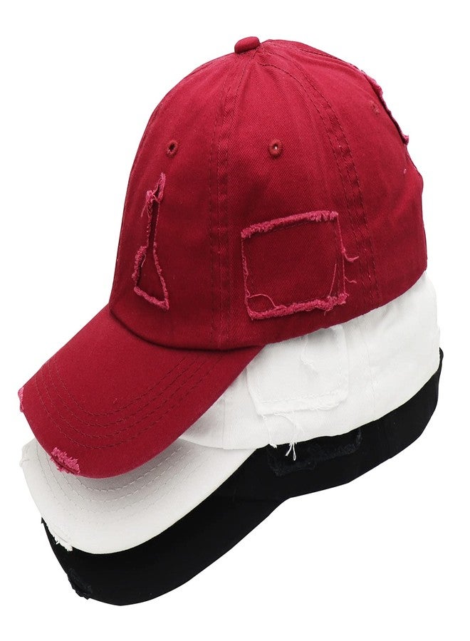Umeepar 3 Pack Baseball Cap Vintage Distressed Low Profile Unstructured Cotton Dad Hat Adjustable for Women Men (C Broken Patch Black, White, Burgundy) - Image 2