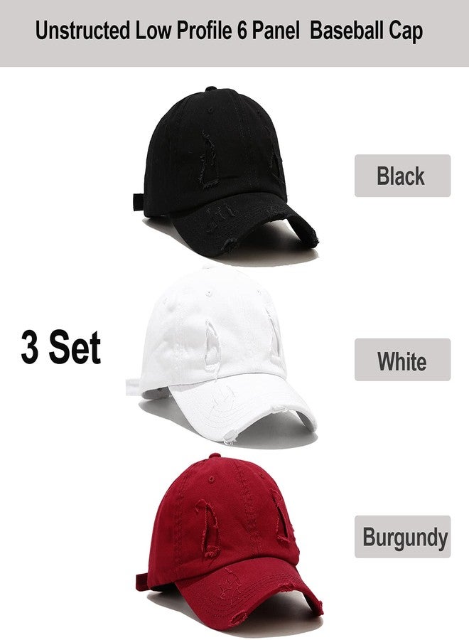 Umeepar 3 Pack Baseball Cap Vintage Distressed Low Profile Unstructured Cotton Dad Hat Adjustable for Women Men (C Broken Patch Black, White, Burgundy) - Image 3