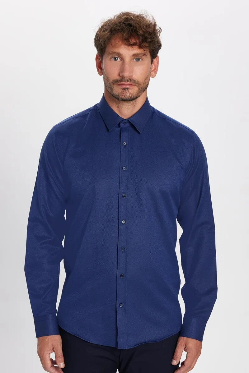Tudors Slim Fit Patterned Navy Blue Shirt