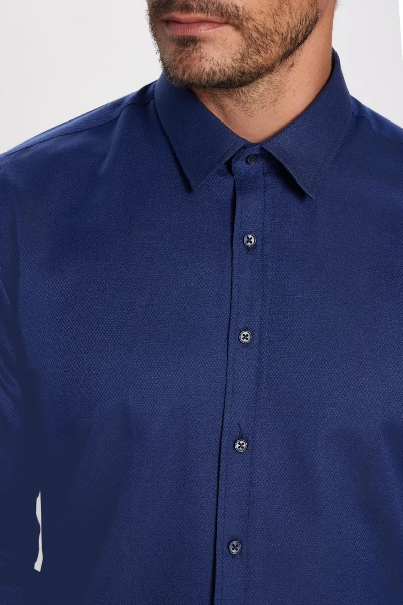 Tudors Slim Fit Patterned Navy Blue Shirt