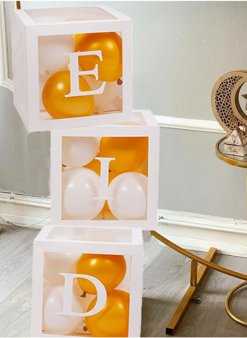The BZ Company Ramadan Decoration - Eid Decoration - Eid Mubarak Decorations for Home - 3 Transparent Boxes with EID Letters & 24 Balloons - Ramadan Decor - Image 1