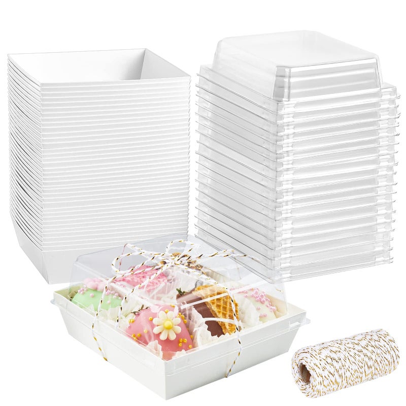 ZORRITA 50 Pack 5 Inch Paper Charcuterie Boxes with Clear Lids, Square To Go Cake Slice Containers Small Bakery Boxes for Dessert, Cookies, Sandwich, Strawberries (White) - Image 1