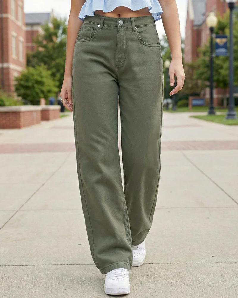 بيواكوف Women's Olive Green Straight Fit Jeans