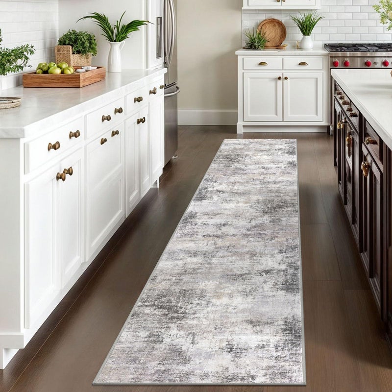 IOHOUZE Abstract Runner Rug 2x10 Ft Washable Runners for Hallways, Non Slip Kitchen Runner Printed Faux Wool Entryway Runner Indoor, Modern Abstract Floor Carpet for Hall Kitchen, Grey Beige - Image 2