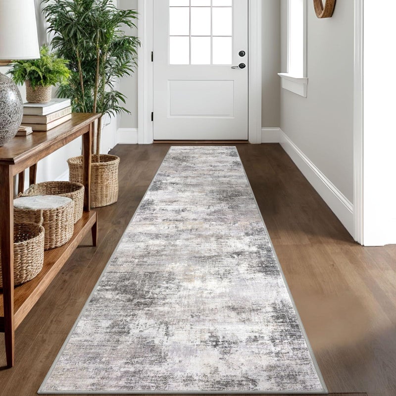 IOHOUZE Abstract Runner Rug 2x10 Ft Washable Runners for Hallways, Non Slip Kitchen Runner Printed Faux Wool Entryway Runner Indoor, Modern Abstract Floor Carpet for Hall Kitchen, Grey Beige - Image 1