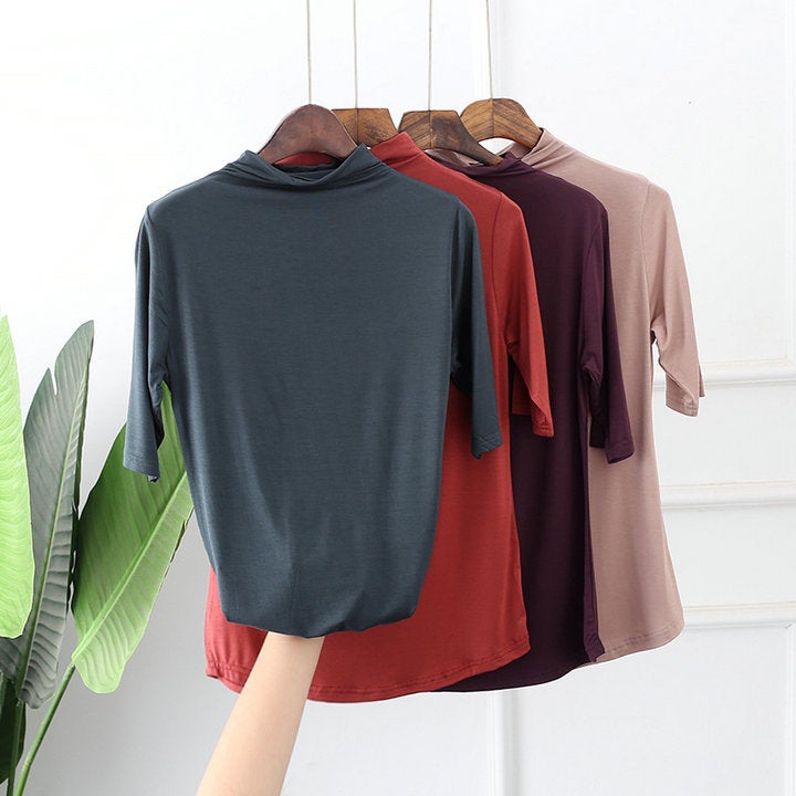 Arrival Half-High Collar Loose Slimming Modal Cotton T-Shirt Plus Size Solid Color Mid-Sleeve Base Shirt For Women - Image 1