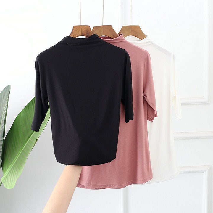 Arrival Half-High Collar Loose Slimming Modal Cotton T-Shirt Plus Size Solid Color Mid-Sleeve Base Shirt For Women - Image 5