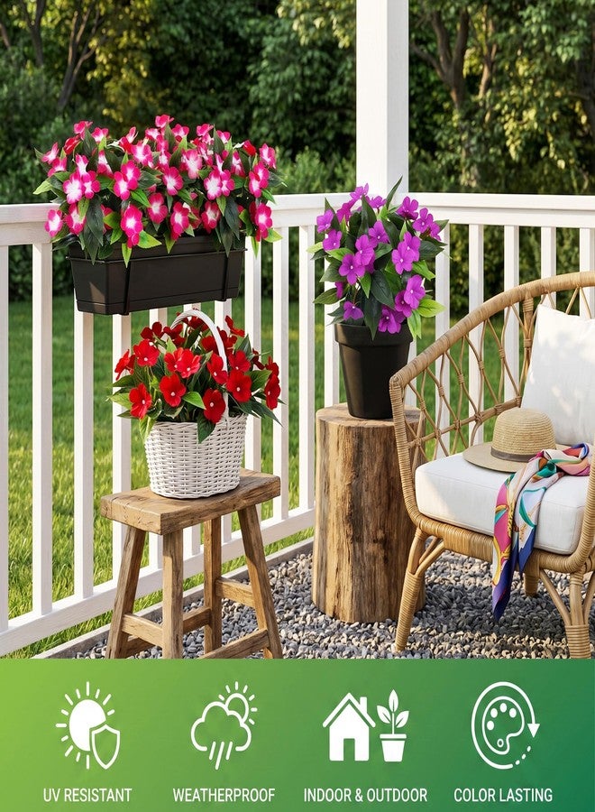 Roberly 6 Bundles Artificial Flowers for Outdoors, Faux Silk Catharanthus Roseus Flowers Bouquet Fake Greenery Plant for Spring Summer Garden Patio Porch Window Box Table Home Decor, Red - Image 3