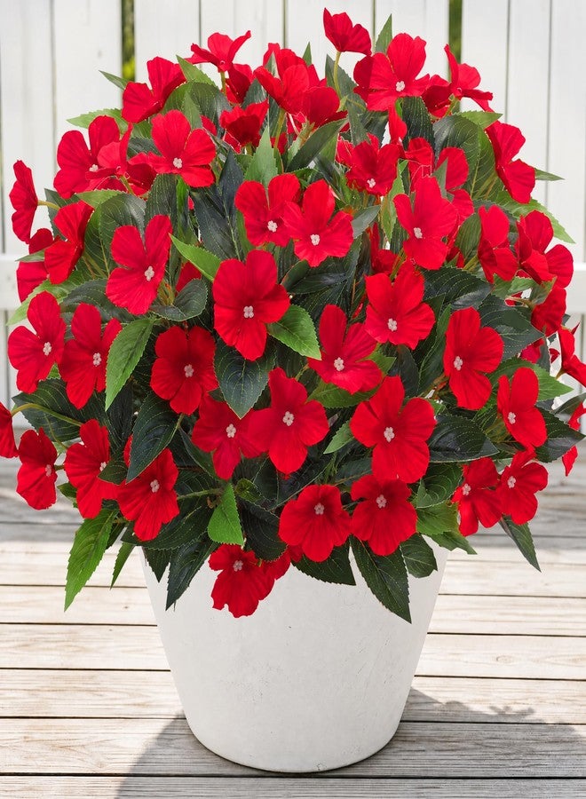 Roberly 6 Bundles Artificial Flowers for Outdoors, Faux Silk Catharanthus Roseus Flowers Bouquet Fake Greenery Plant for Spring Summer Garden Patio Porch Window Box Table Home Decor, Red - Image 1