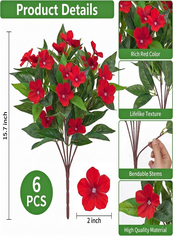 Roberly 6 Bundles Artificial Flowers for Outdoors, Faux Silk Catharanthus Roseus Flowers Bouquet Fake Greenery Plant for Spring Summer Garden Patio Porch Window Box Table Home Decor, Red - Image 2