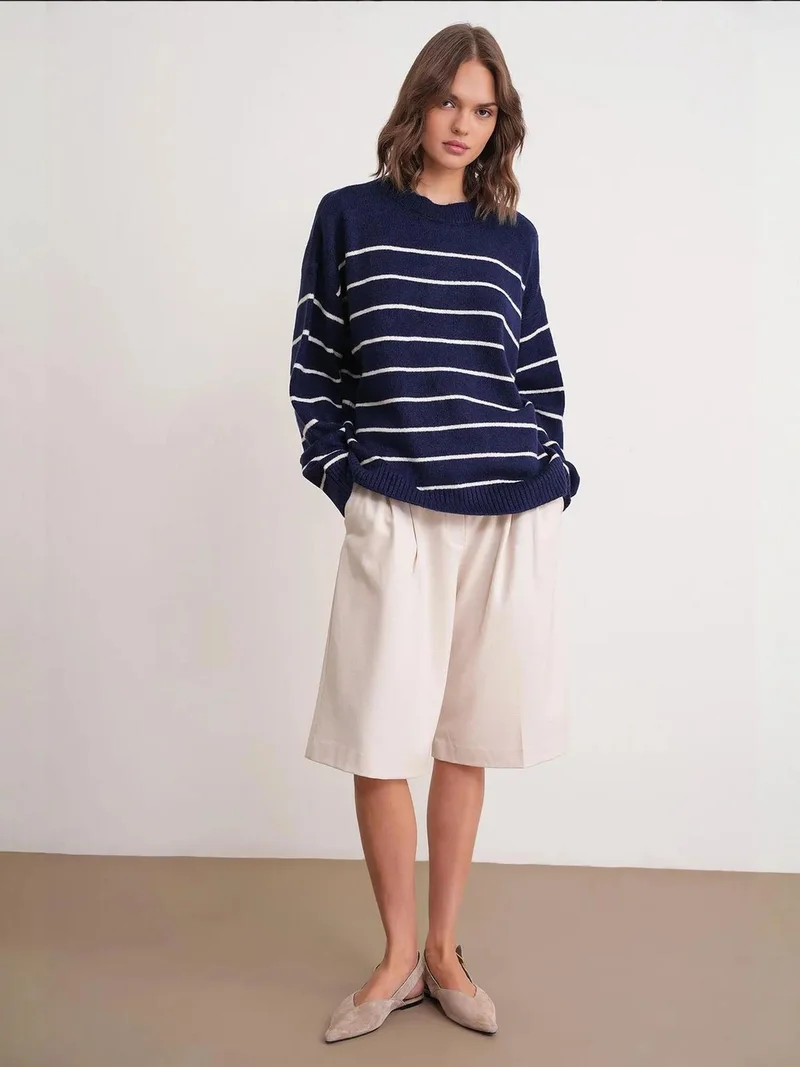 MixRay Striped Crew Neck Relaxed Knit Pullover Sweater