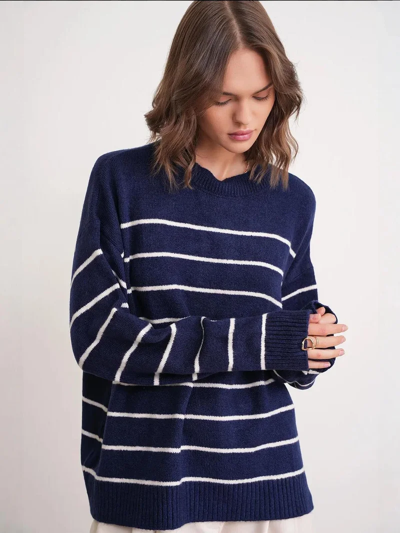 Mixray Navy Blue Striped Crew Neck Relaxed Knit Pullover Sweater for Women | Best Price UAE