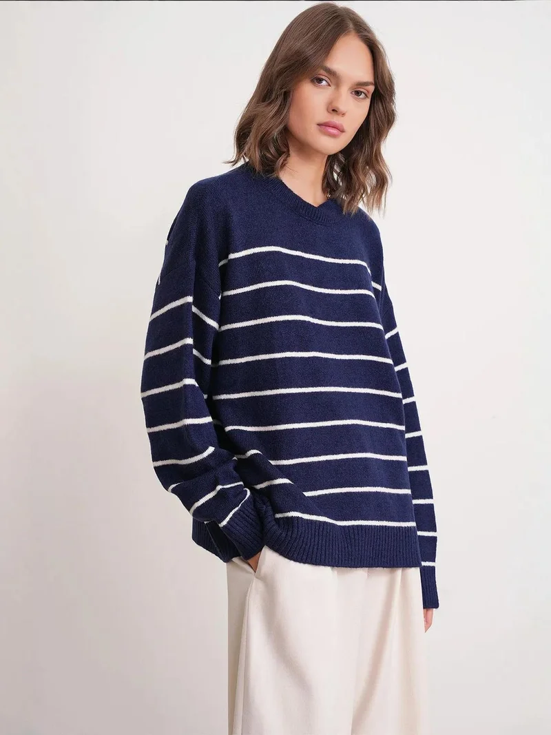 Mixray Navy Blue Striped Crew Neck Relaxed Knit Pullover Sweater for Women | Best Price UAE