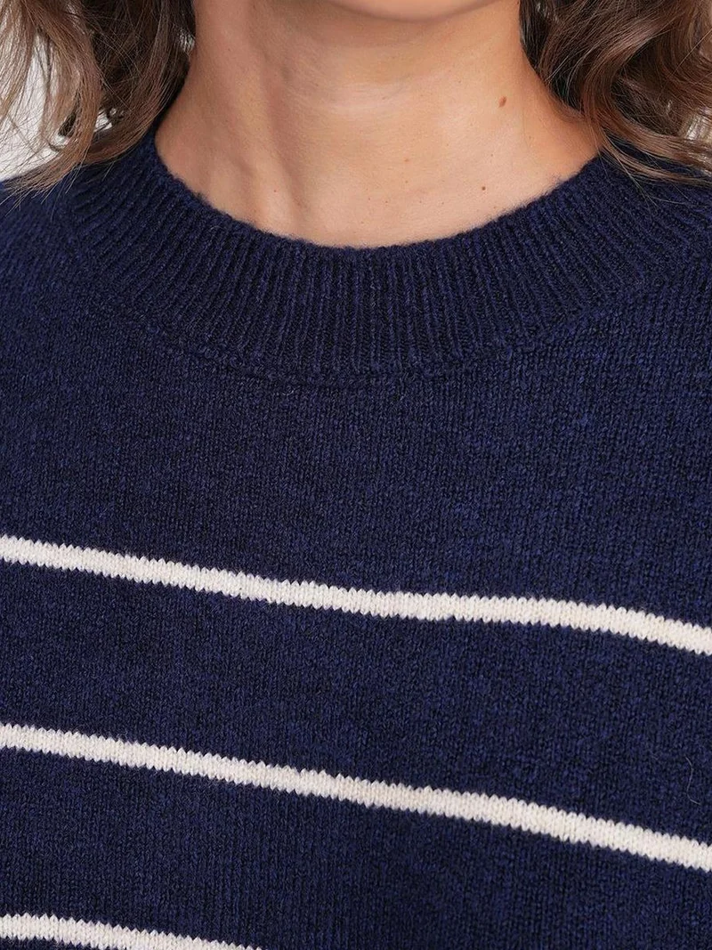 Mixray Navy Blue Striped Crew Neck Relaxed Knit Pullover Sweater for Women | Best Price UAE