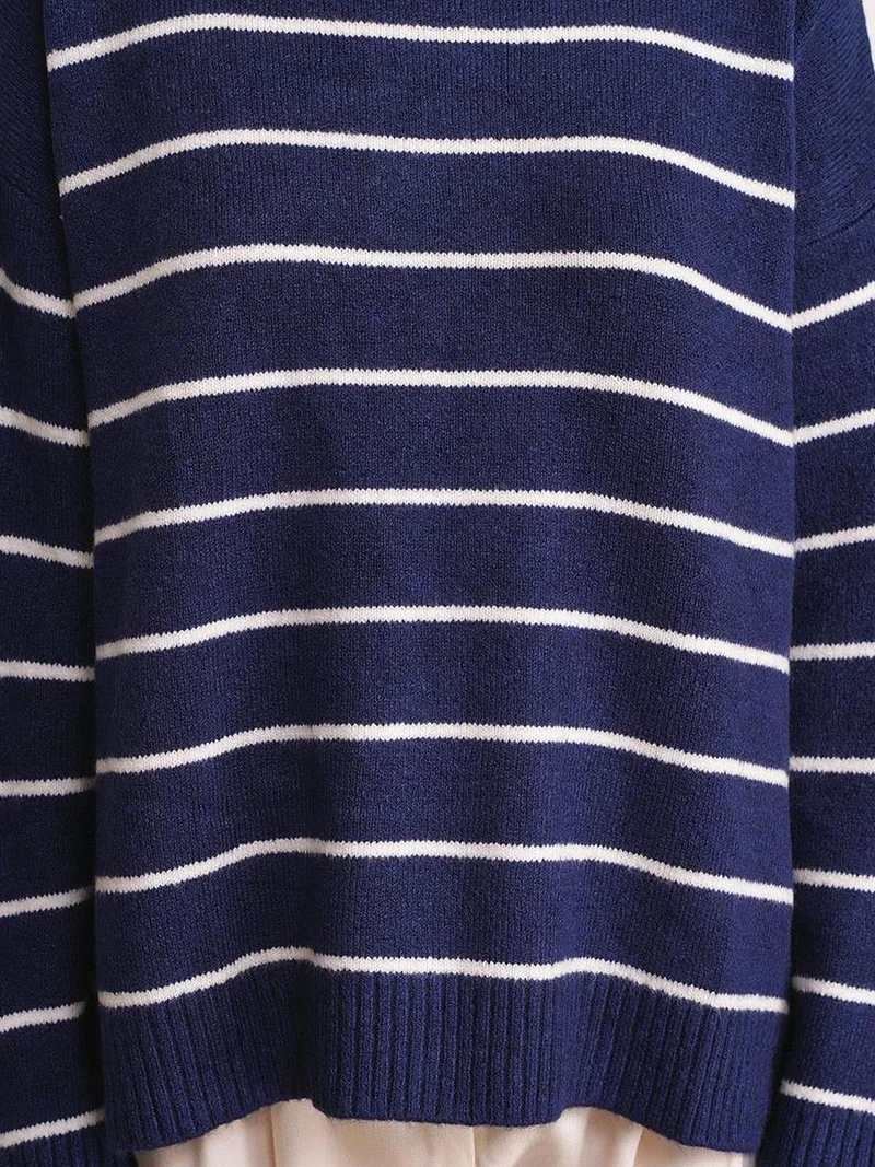 Mixray Navy Blue Striped Crew Neck Relaxed Knit Pullover Sweater for Women | Best Price UAE