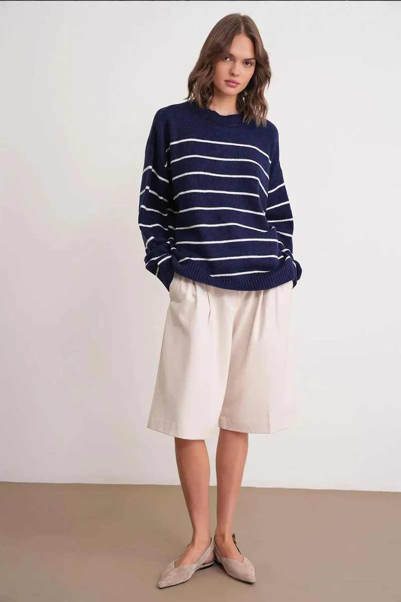 Mixray Striped Crew Neck Relaxed Knit Pullover Sweater