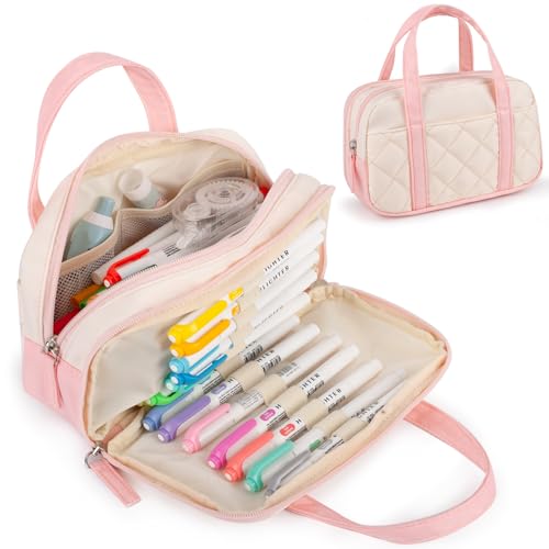 Bunnychill 2 Compartment Pencil Case For Girls,Zipper Pencil Bag With Handle, Large Capacity quilting Pencil Pouch Organizer Aesthetic, Womens Soft Pencil Box Marker Pouch For Middle School Office College - Image 1