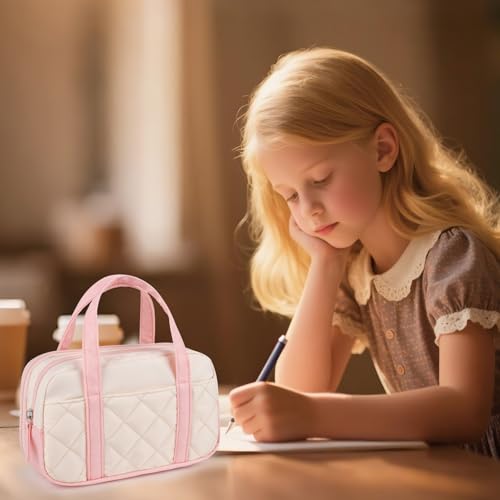 Bunnychill 2 Compartment Pencil Case For Girls,Zipper Pencil Bag With Handle, Large Capacity quilting Pencil Pouch Organizer Aesthetic, Womens Soft Pencil Box Marker Pouch For Middle School Office College - Image 2