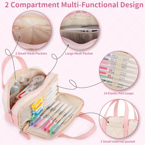 Bunnychill 2 Compartment Pencil Case For Girls,Zipper Pencil Bag With Handle, Large Capacity quilting Pencil Pouch Organizer Aesthetic, Womens Soft Pencil Box Marker Pouch For Middle School Office College - Image 4