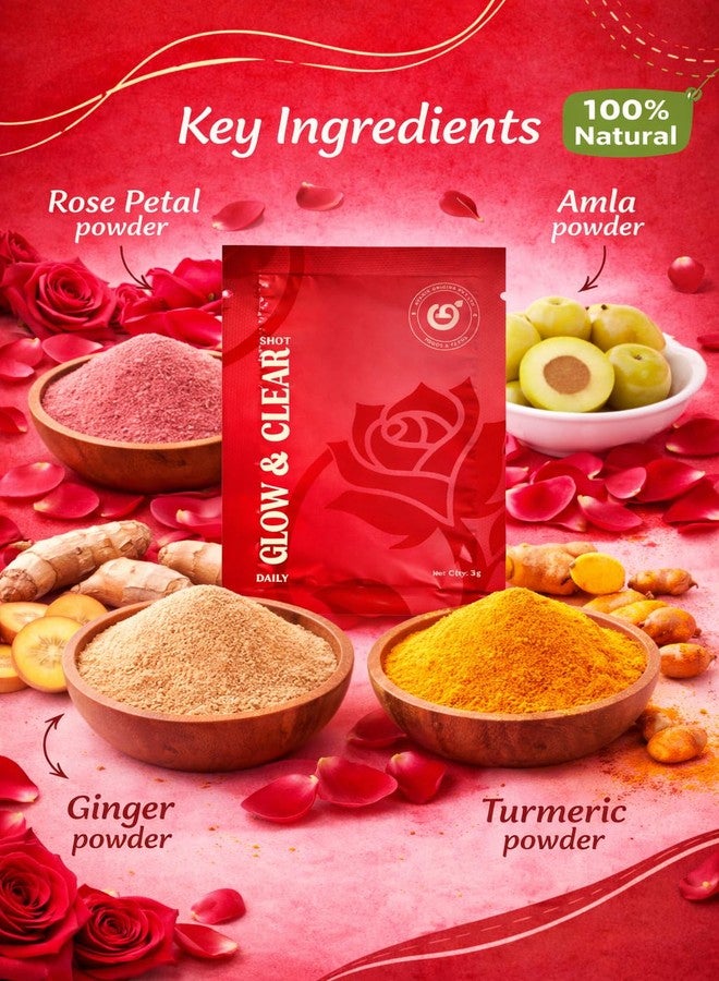 Glow & Clear Daily Wellness Shot | Rose, Amla, Turmeric & Ginger Blend | Supports Skin Radiance & Clarity | 30 Sachets | Plant-Based Daily Drink Mix - Image 2