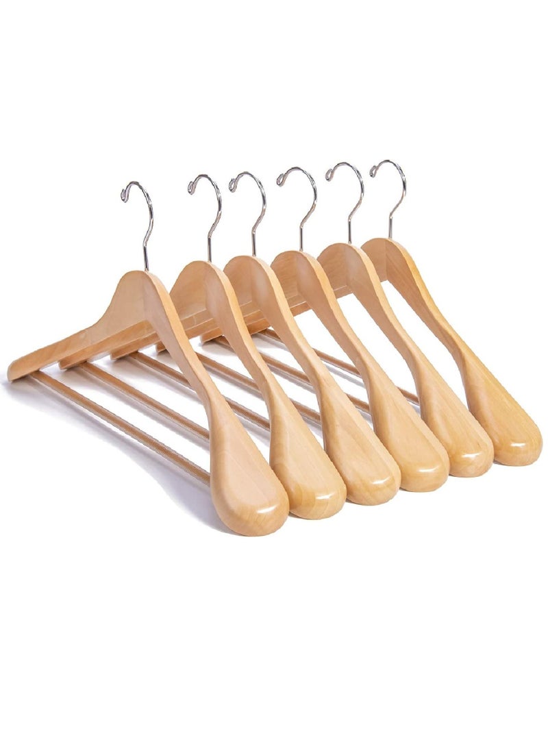 HOUSE DAY HOUSE DAY High-Grade Coat Hangers, Wide Shoulder Wooden Hangers with Non Slip Pants Bar, Smooth Retro Finish 360° Swivel Hook Solid Wood Coat Hangers for Heavy Clothes Hanger 6 Pack (Nature  Wood)  - Image 1