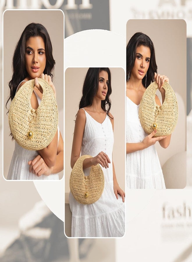 PHILOMENA Woven Straw Beach Bag for Women Handmade Raffia Circle Bag, Summer Boho Chic Tote Purse Handbag Small Round Purse (khaki) - Image 2