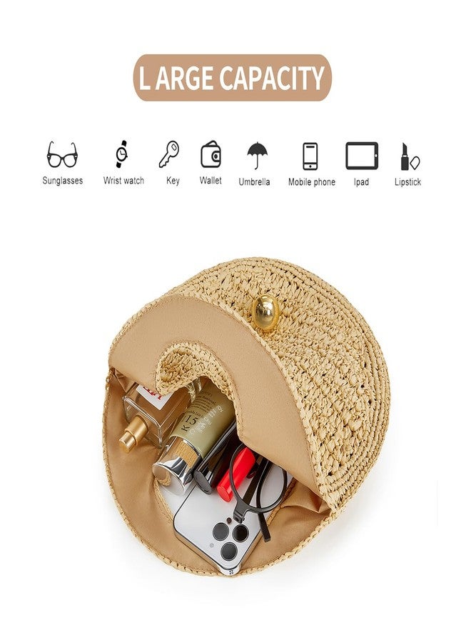PHILOMENA Woven Straw Beach Bag for Women Handmade Raffia Circle Bag, Summer Boho Chic Tote Purse Handbag Small Round Purse (khaki) - Image 5