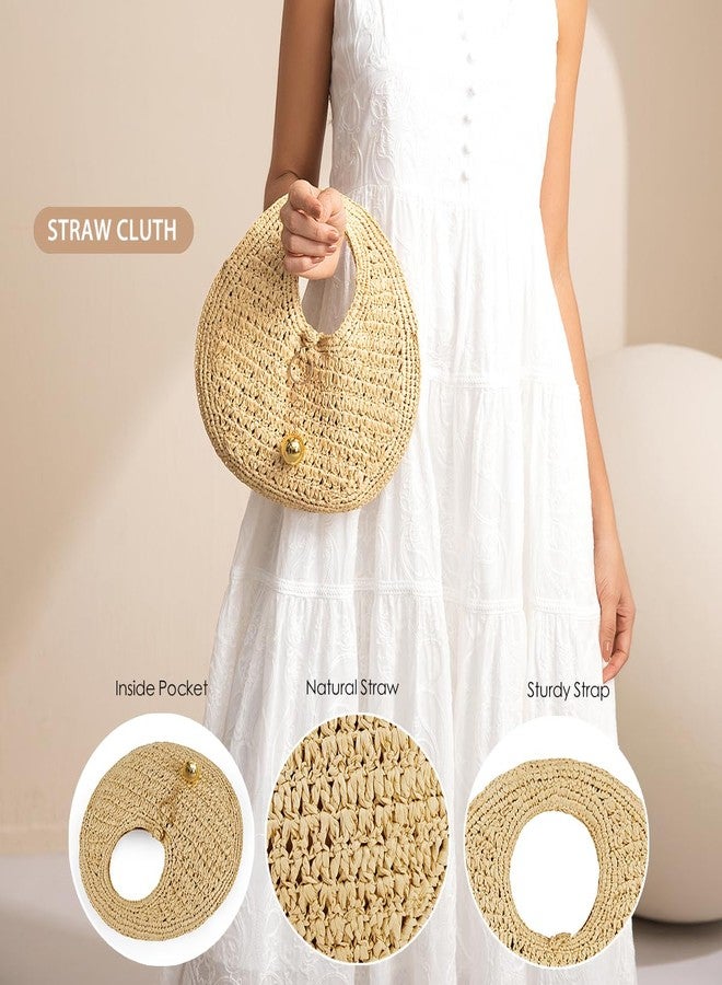 PHILOMENA Woven Straw Beach Bag for Women Handmade Raffia Circle Bag, Summer Boho Chic Tote Purse Handbag Small Round Purse (khaki) - Image 3