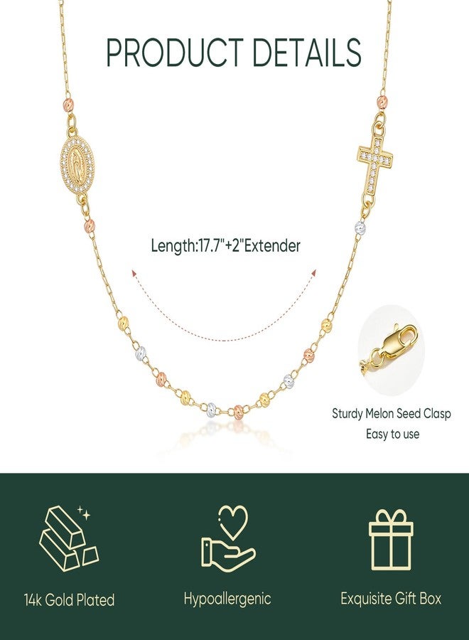 XUANPAI Gold Rosary Beads Cross Necklace - 14k Gold Plated Virgin Mary Necklaces,Non Tarnish Golden Catholic Virgen de Guadalupe Choker Jewelry,Religious Rosarios Catolicos Baptism Confirmation Gift for Women - Image 4