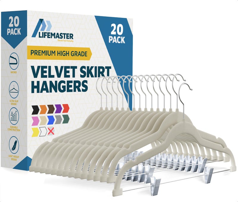 Lifemaster Velvet Skirt Hangers â€“ with Adjustable Clips, 360 Degree Swivel Hook, and Non-Slip Shoulder Notch, Holds Up to 10 lbs, for Organizing Skirt, Pants, Dress, and Clothes, Pack of 20, Ivory - Image 1