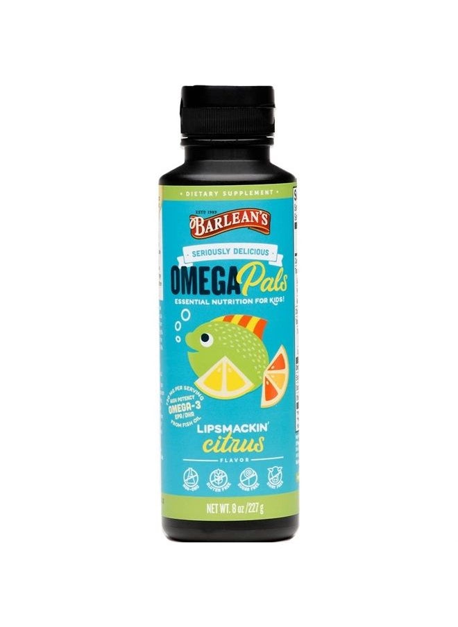BARLEAN'S - Omega Pals Lipsmackin' Citrus Flavored Omega-3 for Kids, Yummy Children's Liquid Fish Oil Supplement with 750 mg of EPA & DHA for Brain & Eye Health, 8 oz - Image 1