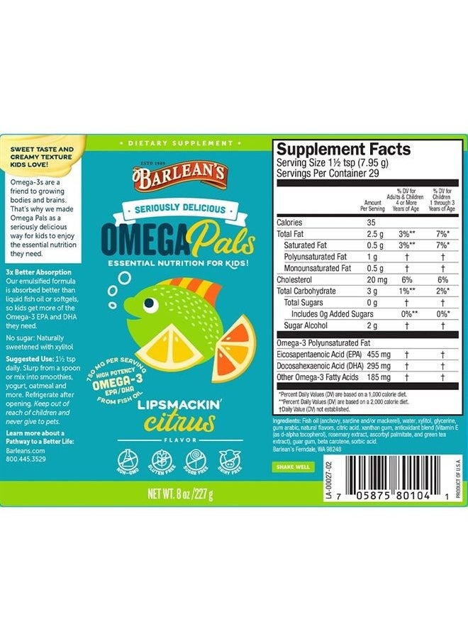 BARLEAN'S - Omega Pals Lipsmackin' Citrus Flavored Omega-3 for Kids, Yummy Children's Liquid Fish Oil Supplement with 750 mg of EPA & DHA for Brain & Eye Health, 8 oz - Image 1