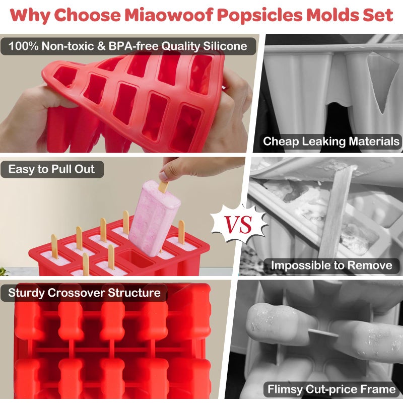 Miaowoof Homemade Popsicle Molds, 10-Cav Non-BPA Silicone Ice Pop Maker, with 50 Sticks, 50 Bags, 10 Reusable Sticks, Funnel, Brush and Ice Pop Recipe (Red) - Image 3