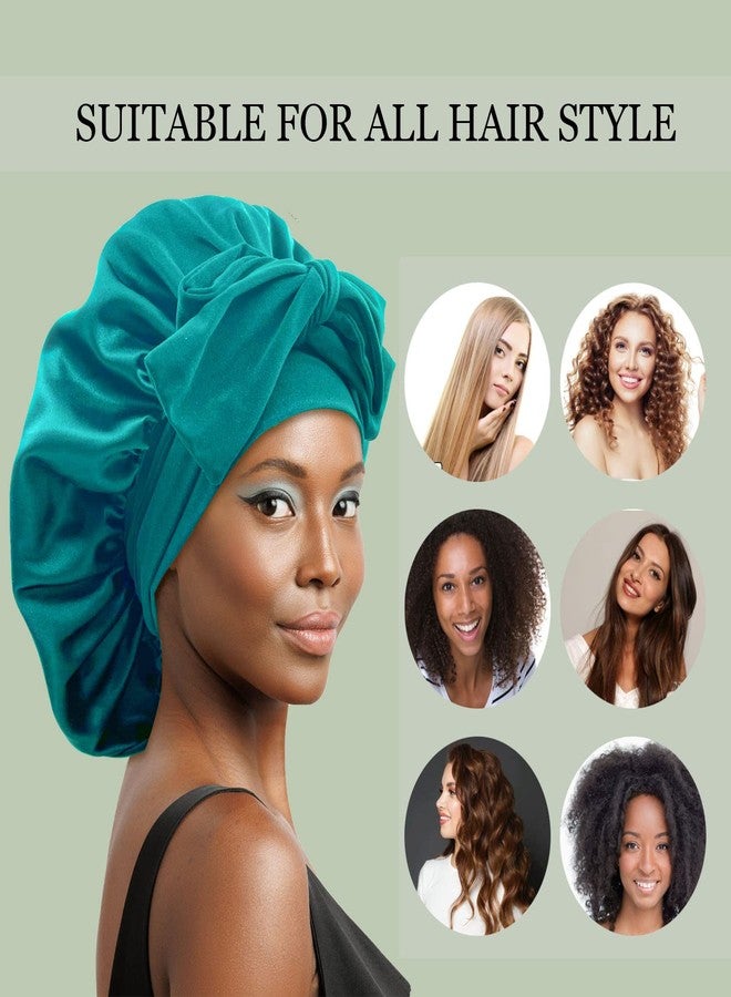 جيلي قبعة نوم من الحرير الساتان، قبعات كبيرة مزودة برباط، وأشرطة قابلة للتعديل، قبعات نوم ليلية للنساء ذوات الشعر المجعد والمضفر (أسود، فيروزي داكن) - Image 4