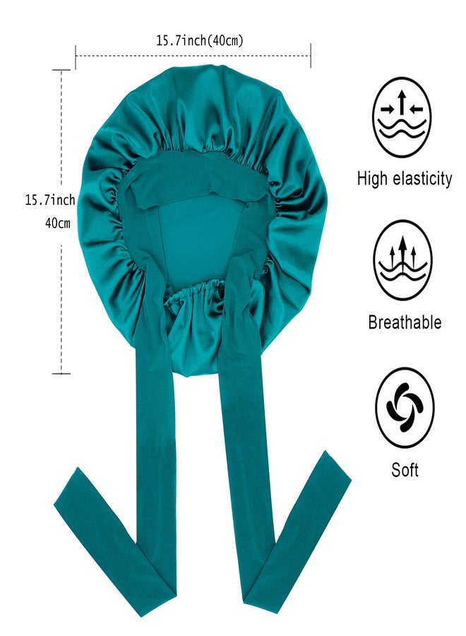 جيلي قبعة نوم من الحرير الساتان، قبعات كبيرة مزودة برباط، وأشرطة قابلة للتعديل، قبعات نوم ليلية للنساء ذوات الشعر المجعد والمضفر (أسود، فيروزي داكن) - Image 3